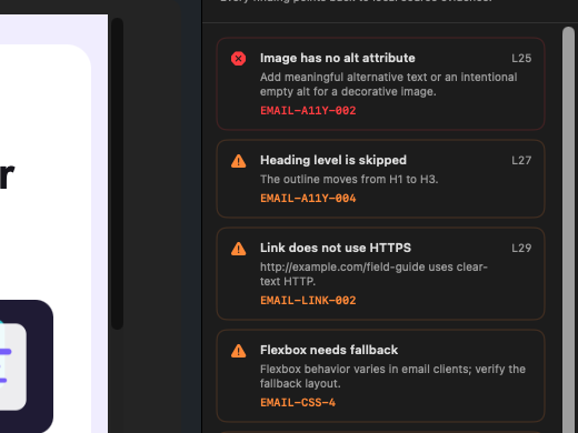 MailPreflight deterministic HTML email blockers and warnings